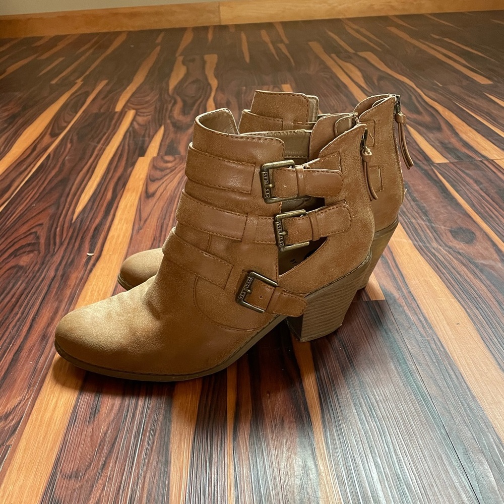 G by Guess Tan Faux Leather Buckle Ankle Booties, Size 10